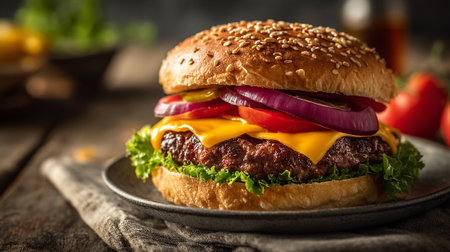 Delicious Hamburger with Fresh Ingredients on Rustic Wooden Table Ready to Eatの素材