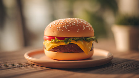 Sumptuous burger on plate displaying fresh ingredients and savory deliciousness delighting foodies.の素材