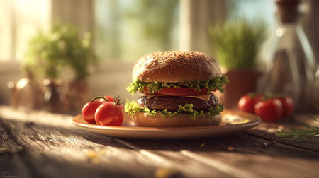 Delicious sesame seed burger on a plate with ripe tomatoes in sunlight.の素材