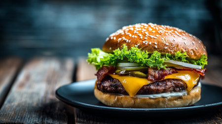 Mouthwatering gourmet burger with bacon, cheese, and fresh toppings on a plateの素材