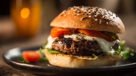 Delicious gourmet burger with sesame seeds on a rustic dark plateの素材