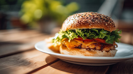 Appetizing burger on a white plate against blurred background for delicious diningの素材