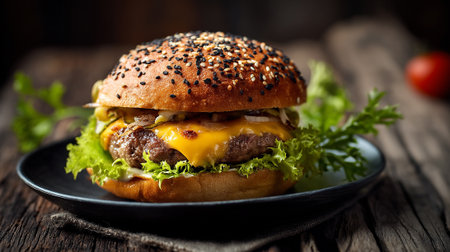 Delicious sesame burger with melted cheese on a black plate, rustic background.の素材