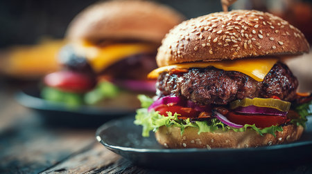 Delicious gourmet burger with cheese, fresh toppings and sesame seed bunの素材