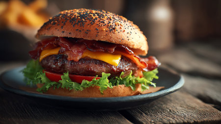 Mouthwatering burger with crispy bacon and melting cheese on a rustic tableの素材