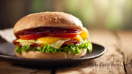 Delicious Homemade Burger with Fresh Toppings on a Rustic Wooden Tableの素材