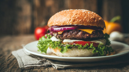 Delicious Burger Presentation on White Plate with Rustic Wooden Backgroundの素材