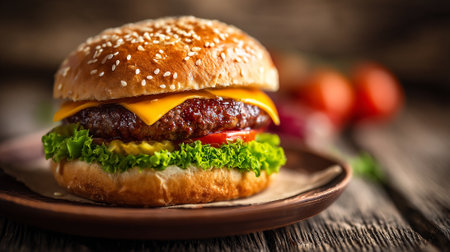 Delicious Homemade Burger with Fresh Ingredients on Rustic Wooden Surfaceの素材