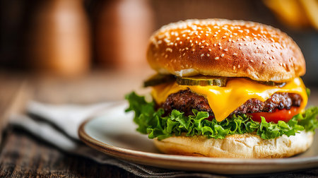 Mouthwatering Delicious Classic Hamburger with Cheese and Fresh Vegetables on a Plateの素材