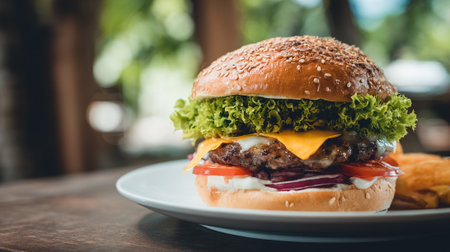 Mouthwatering Cheeseburger with Fresh Ingredients on White Plate, Enjoying the Outdoor Settingの素材