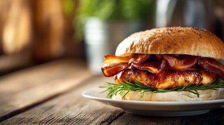 Delicious Homemade Chicken Burger with Crispy Bacon on Rustic Wood Tableの素材