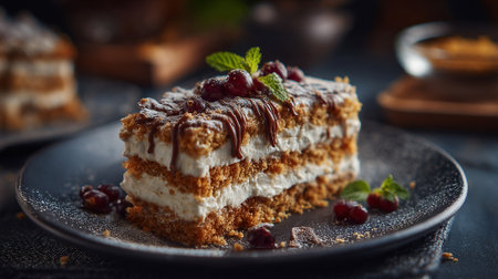 Decadent Honey Cake Slice: Sweet Layers of Delightful Indulgenceの素材