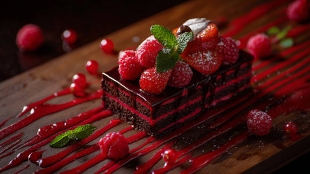 Decadent Chocolate Raspberry Cake with Fresh Mint on Wooden Surfaceの素材