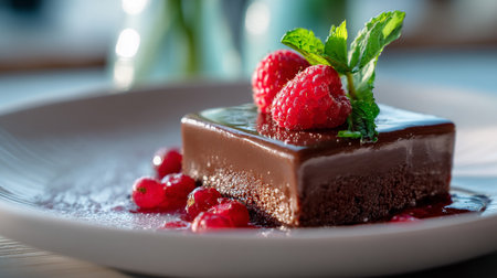 Decadent Chocolate Cake with Fresh Berries and Mint Garnishingの素材