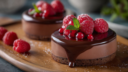 Decadent Chocolate Raspberry Mini Cakes with Mint and Powdered Sugarの素材
