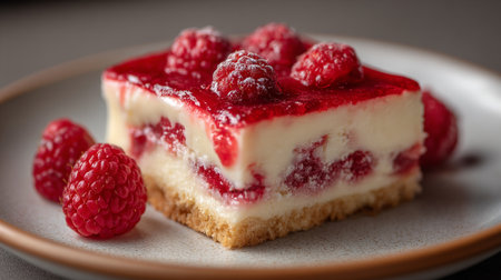 Delicious Raspberry Cheesecake Square with Berry Topping, Plated Elegantlyの素材