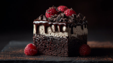 Decadent Raspberry Chocolate Cake Slice Against Black Backgroundの素材