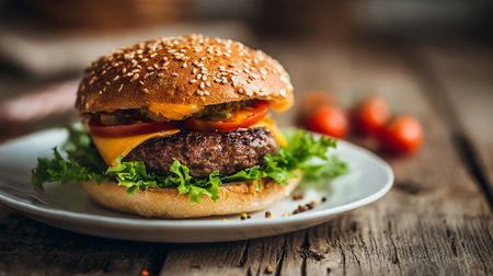 Delicious sesame seed burger on plate with tomatoes and lettuce.の素材