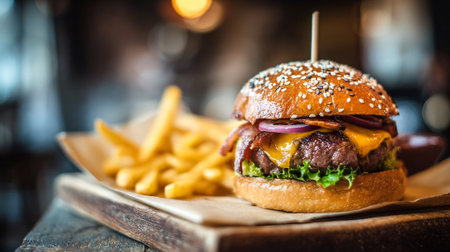 Appetizing cheeseburger with bacon and sesame bun served with crispy french friesの素材