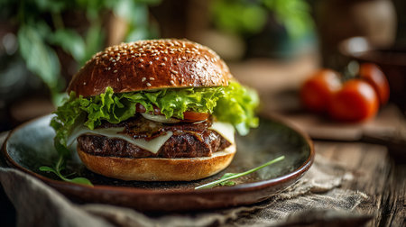 Delectable gourmet burger on plate, showcasing fresh ingredients and rustic appeal.の素材