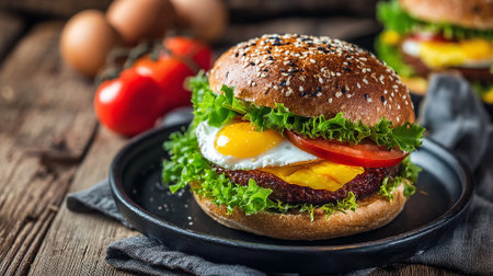 Delicious gourmet hamburger with egg, cheese, lettuce, and tomato on rustic woodの素材