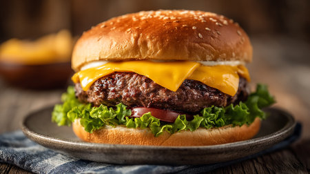 Delicious gourmet burger on a plate with fresh ingredients and toppingsの素材