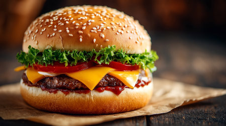 Delicious hamburger with fresh ingredients on a rustic wooden surface ready to eat.の素材