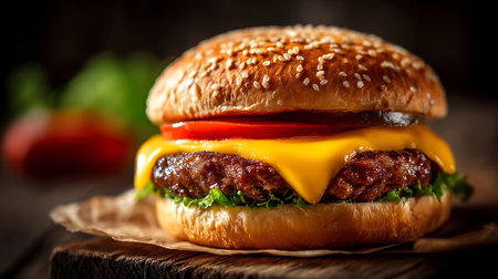 Mouthwatering cheeseburger on a wooden board featuring fresh ingredients and sesame bun.の素材