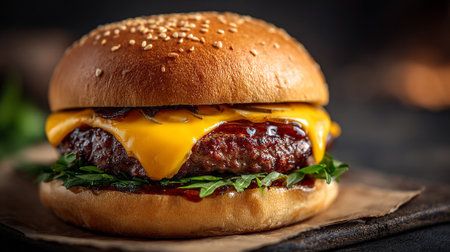 Mouthwatering Cheeseburger with Fresh Arugula on Rustic Wooden Boardの素材