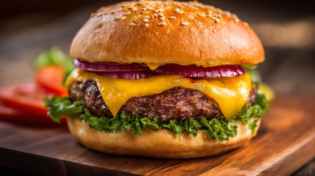 Delectable Hamburger With Cheese, Red Onion, and Sesame Bun on Woodの素材