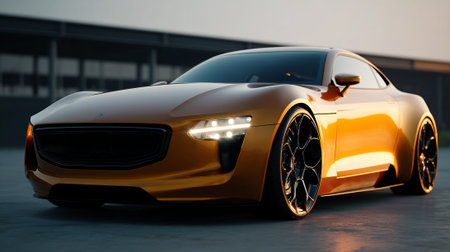 Sleek golden  car embodies futuristic elegance and automotive innovation shown outdoorsの素材