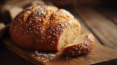 This image features a freshly baked loaf of sesame seed bread with a slice cut out. The loaf sits on a wooden cutting board with scattered flour and a burlap background.の素材