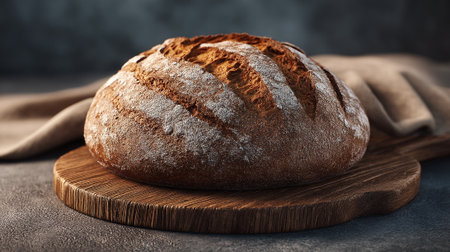 This image showcases a sourdough bread loaf dusted with flour, presented on a rustic wooden board. The background includes a soft, neutral-toned cloth, adding depth and a natural feel.の素材