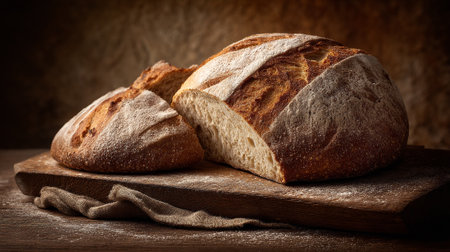 An inviting still life captures a loaf of freshly baked sourdough bread, sliced, resting on a wooden cutting board with a burlap cloth, highlighting its texture and warm, golden-brown crust.の素材