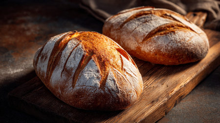 Two rustic loaves of freshly baked, artisanal bread are placed on a rough-hewn wooden cutting board with a dark background and soft lighting, creating a warm, inviting ambiance.の素材