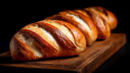 This image showcases four freshly baked loaves of bread, arranged in a row on a weathered wooden cutting board against a dark background, creating a warm and inviting scene.の素材