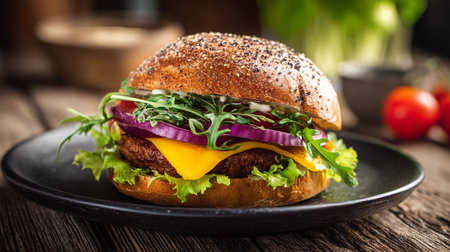 Delicious and fresh homemade hamburger served on a black plate.の素材