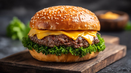 Mouthwatering Cheese Burger on a Wooden Board in a Studio Settingの素材