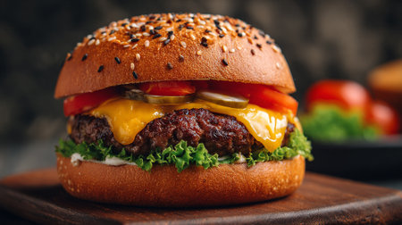 Delicious fresh burger with melted cheddar cheese and ripe vegetablesの素材