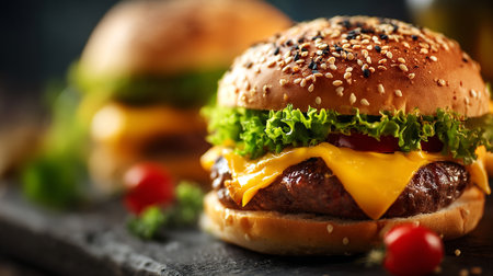 Appetizing burgers with sesame seed buns and fresh ingredients in artistic lightingの素材
