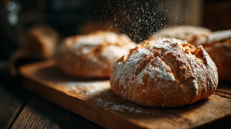 A loaf of freshly baked bread sits on a wooden board as flour is sprinkled, adding a rustic and appetizing touch to the delightful homemade treat.の素材