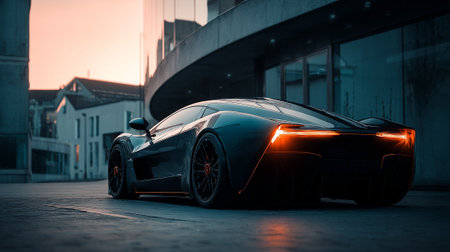 Sleek  Car with Illuminated Tail Lights Parked in Urban Environment at Duskの素材