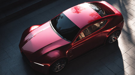 Sleek Red  Car Elegantly Parked on Stone Pavement, Aerial Viewの素材