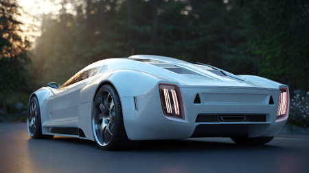 Futuristic White  Car Parked on a Road in Lush Greeneryの素材
