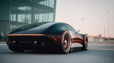 Sleek Futuristic Black Car Parked Against Modern Building at Duskの素材