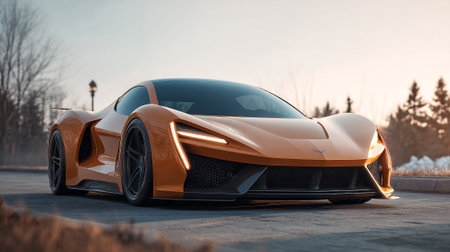 Sleek Futuristic Orange  Car Parked on Road Under Winter Skyの素材