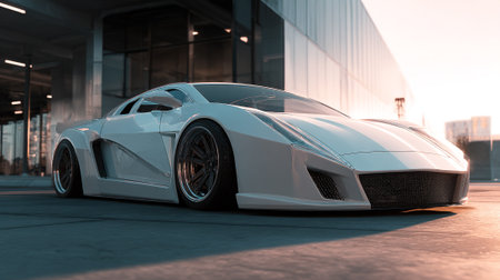 Sleek White  Car Parked Elegantly Near a Modern Urban Building Structureの素材