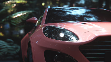 Sleek Pink  Automobile Front View With Lush Green Foliage in Background.の素材