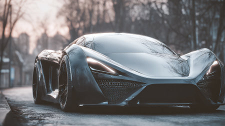 Sleek futuristic car stands confidently on an overcast, misty urban road.の素材