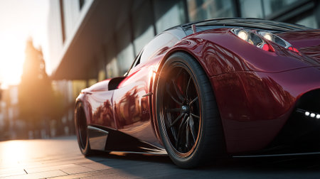 Luxurious maroon  car showcasing sleek design against modern architecture backgroundの素材